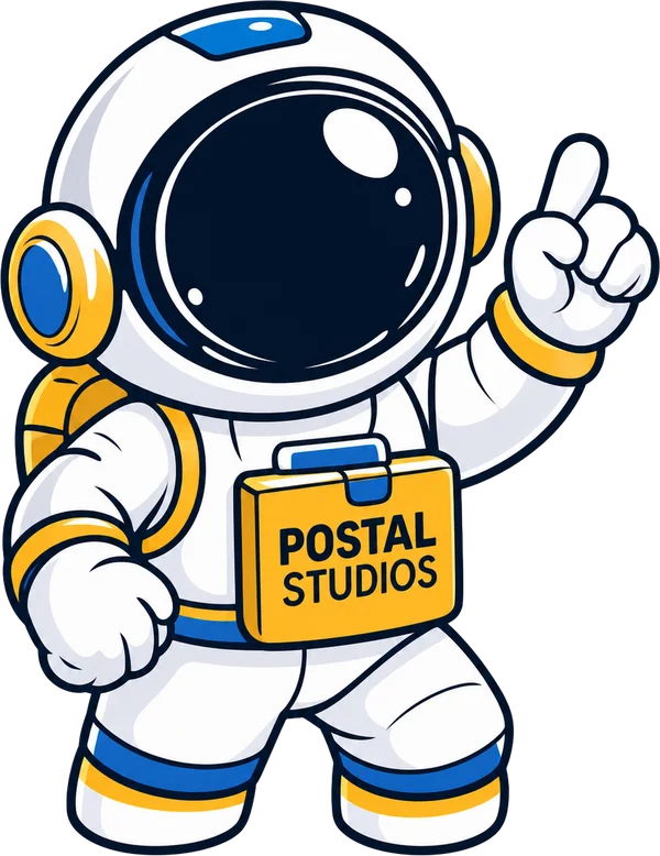 SideQuest astronaut mascot carrying a Postal Studios mailbag and pointing up