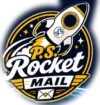 P.S. Rocket Mail logo: a rocket launching above a gold badge with an envelope