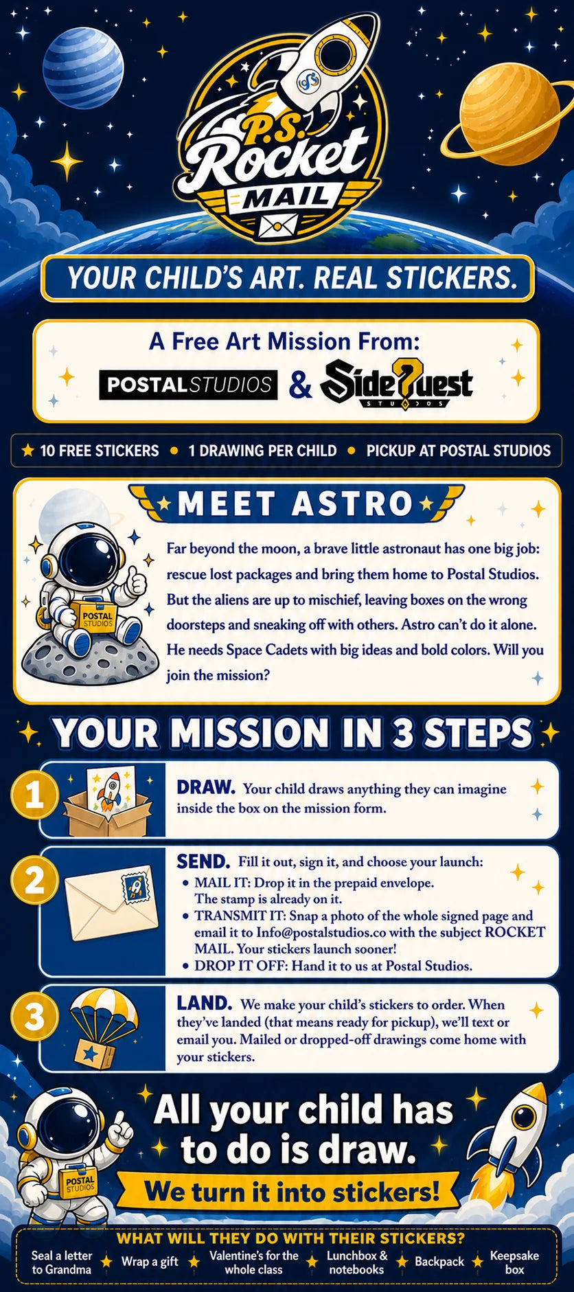 PS Rocket Mail mission poster: Your child’s art. Real stickers. A free art mission from Postal Studios and SideQuest Studios. 10 free stickers, 1 drawing per child, pickup at Postal Studios. Meet Astro, your mission in 3 steps (Draw, Send, Land), and ideas for using the stickers.